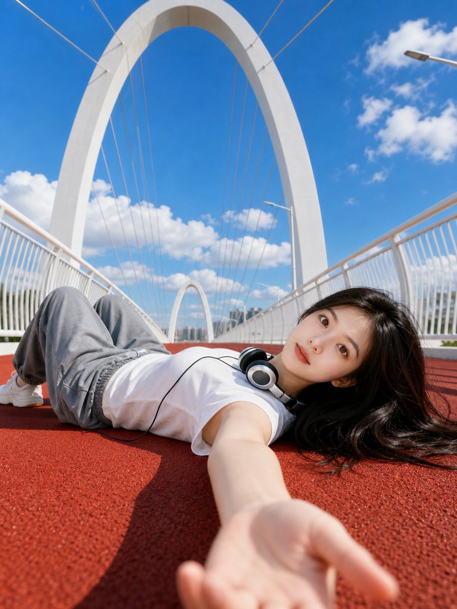 AI Prompt for a Modern Bridge Portrait with Red Track and Architectural Symmetry