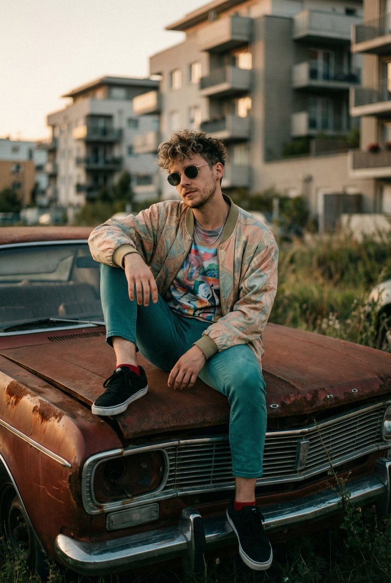 AI Prompt for Abandoned Car Urban Portrait with Cinematic Warm Tones