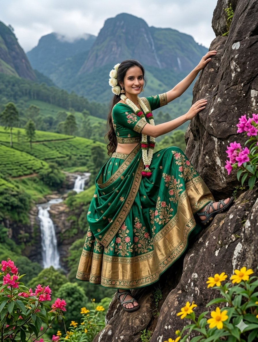 AI Prompt for AI Art of an Indian Woman Rock Climbing in Lehenga-Sari