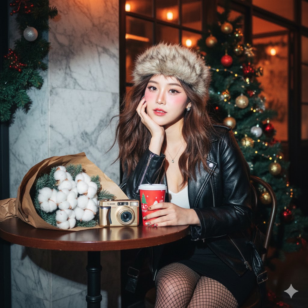 AI Prompt for AI-Generated Portrait of Asian Woman in Retro Vintage Cafe Style