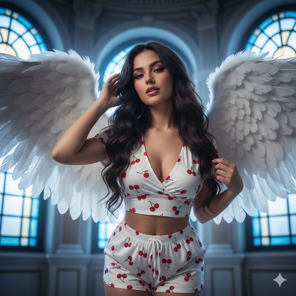 AI Prompt for Angelic Model Portrait with Low-Angle Framing