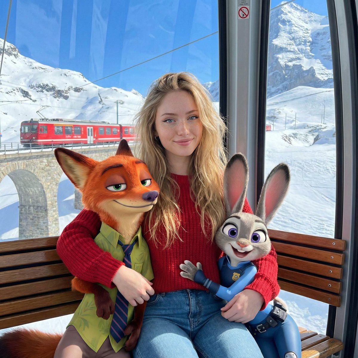 AI Prompt for Animated Human Zootopia Cable Car Scene with Realistic Human and Mix-Style Composition