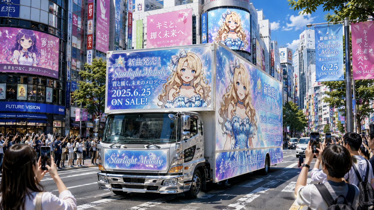 AI Prompt for anime idol advertising truck scene in Japan