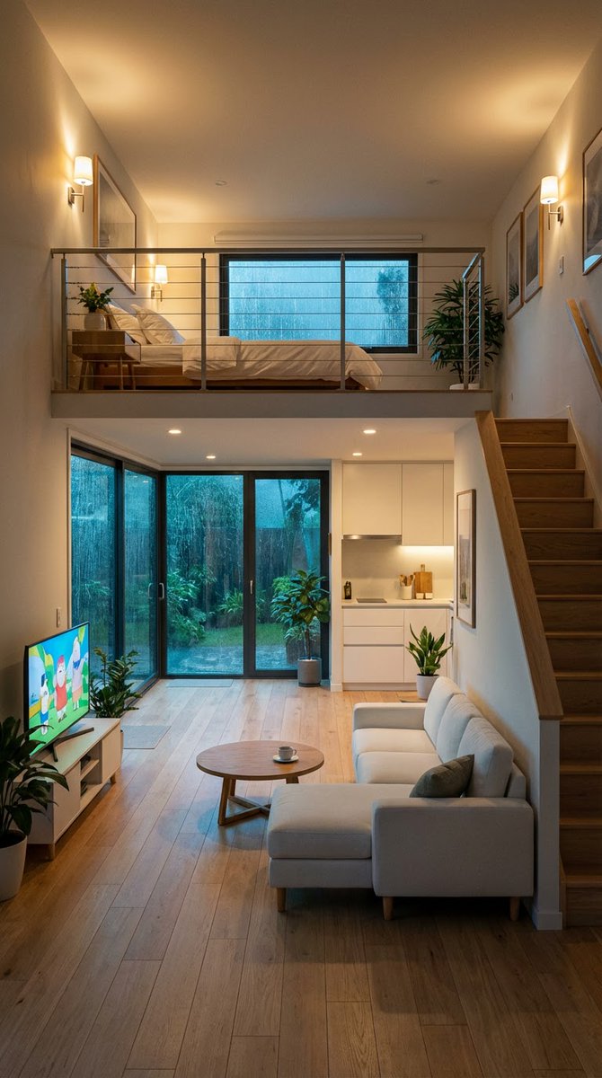 AI Prompt for Architectural Photography: Cozy Split-Level Studio Apartment