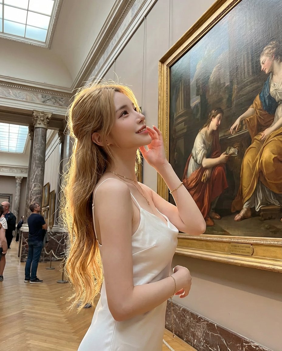 AI Prompt for Artistic Portrait of Woman in Golden Museum Light