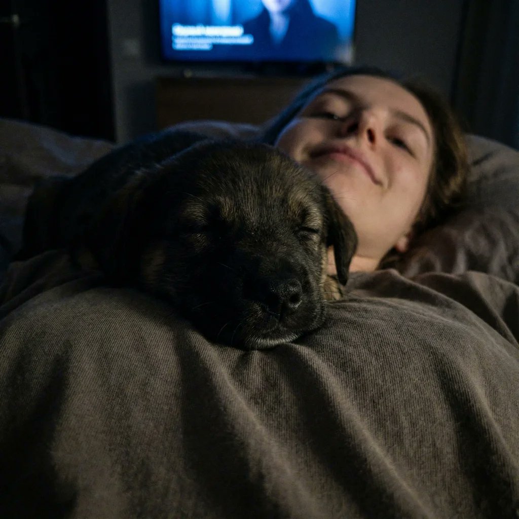 AI Prompt for Authentic Low-Light Puppy Selfie in Intimate Setting