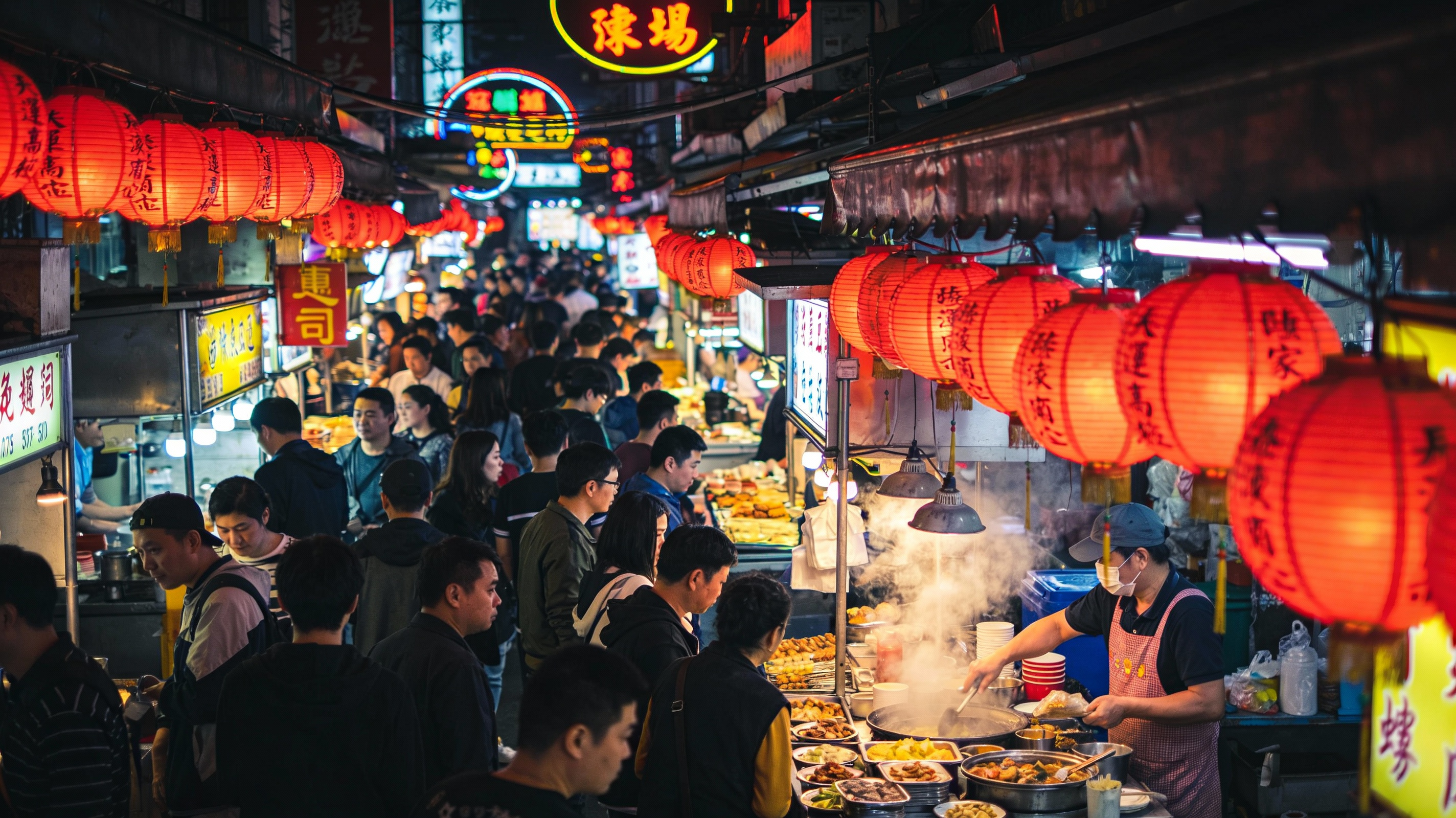 AI Prompt for Authentic Taipei Night Market Scene with Vibrant Lighting and Street Life