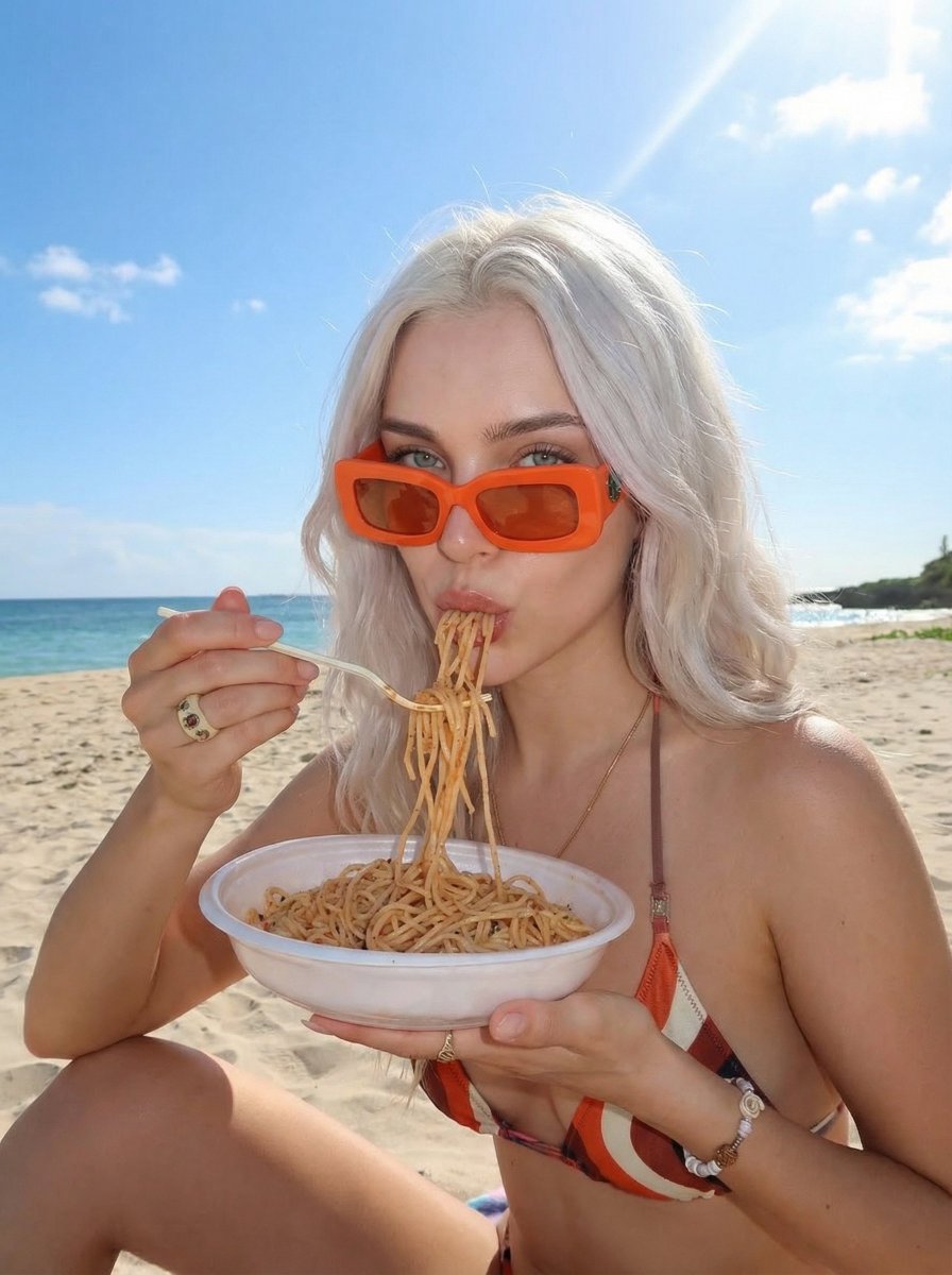 AI Prompt for Beach Lifestyle Photo with Noodles: Generator for Social Media Influencer Content