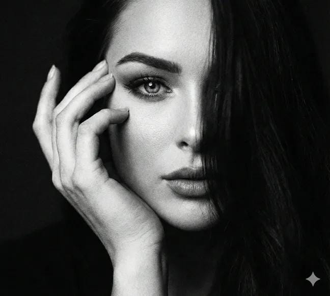 AI Prompt for Black and White Model Portrait with Dramatic Lighting