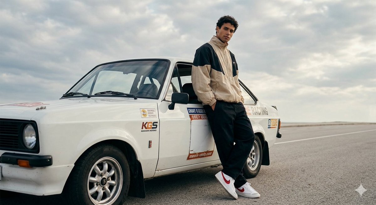 AI Prompt for Casual Male Portrait with Vintage Rally Car