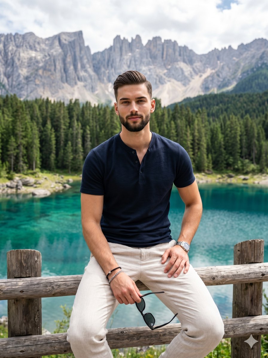 AI Prompt for Casual Portrait by Alpine Lake with Vibrant Turquoise Water