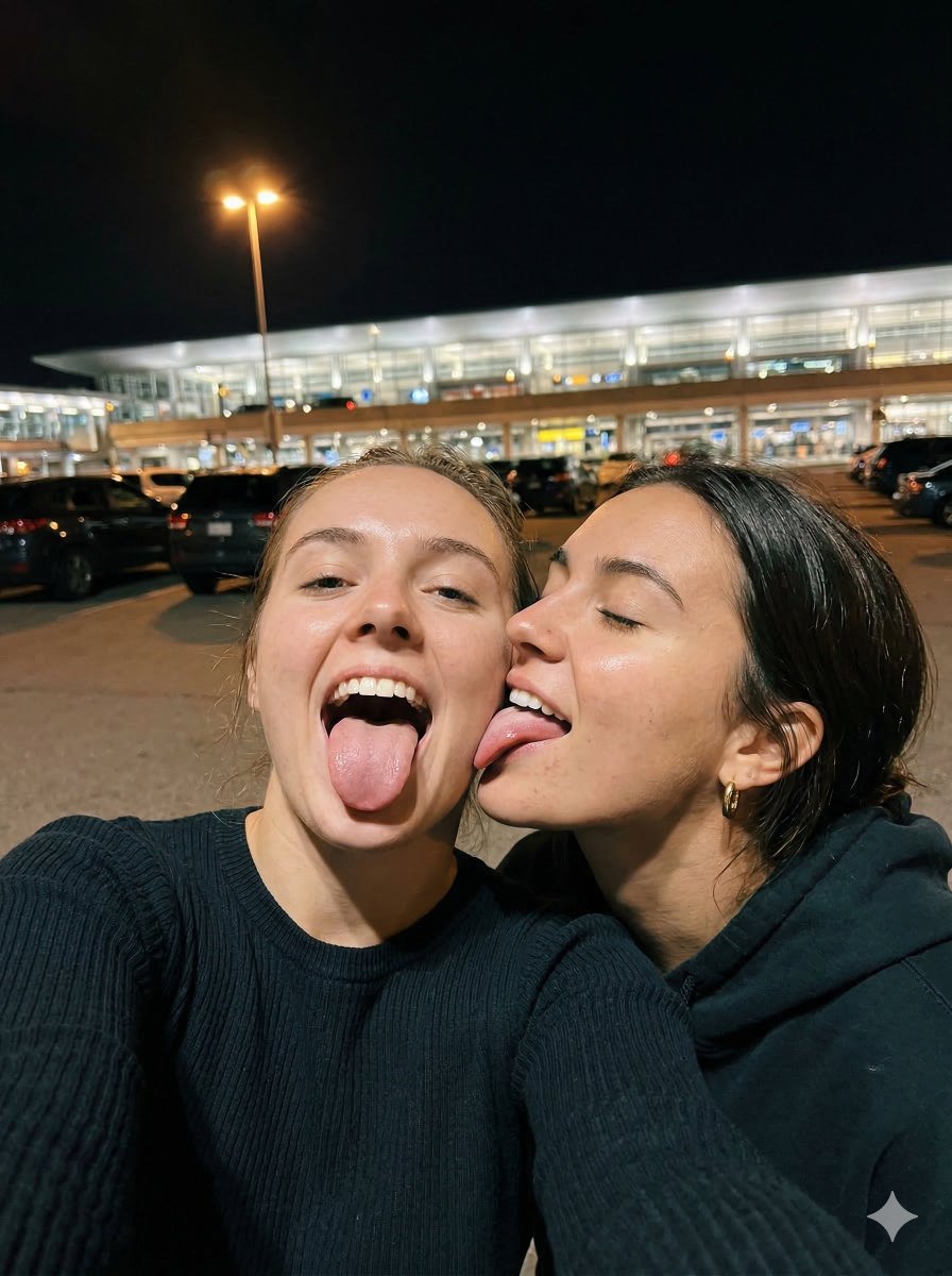 AI Prompt for Casual Smartphone Selfie with Young Women at Night