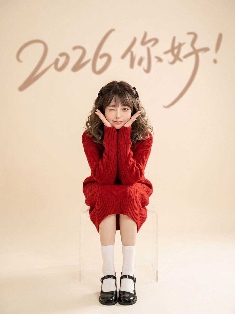 AI Prompt for Chinese New Year Portrait with Red Knitwear and Minimalist Style