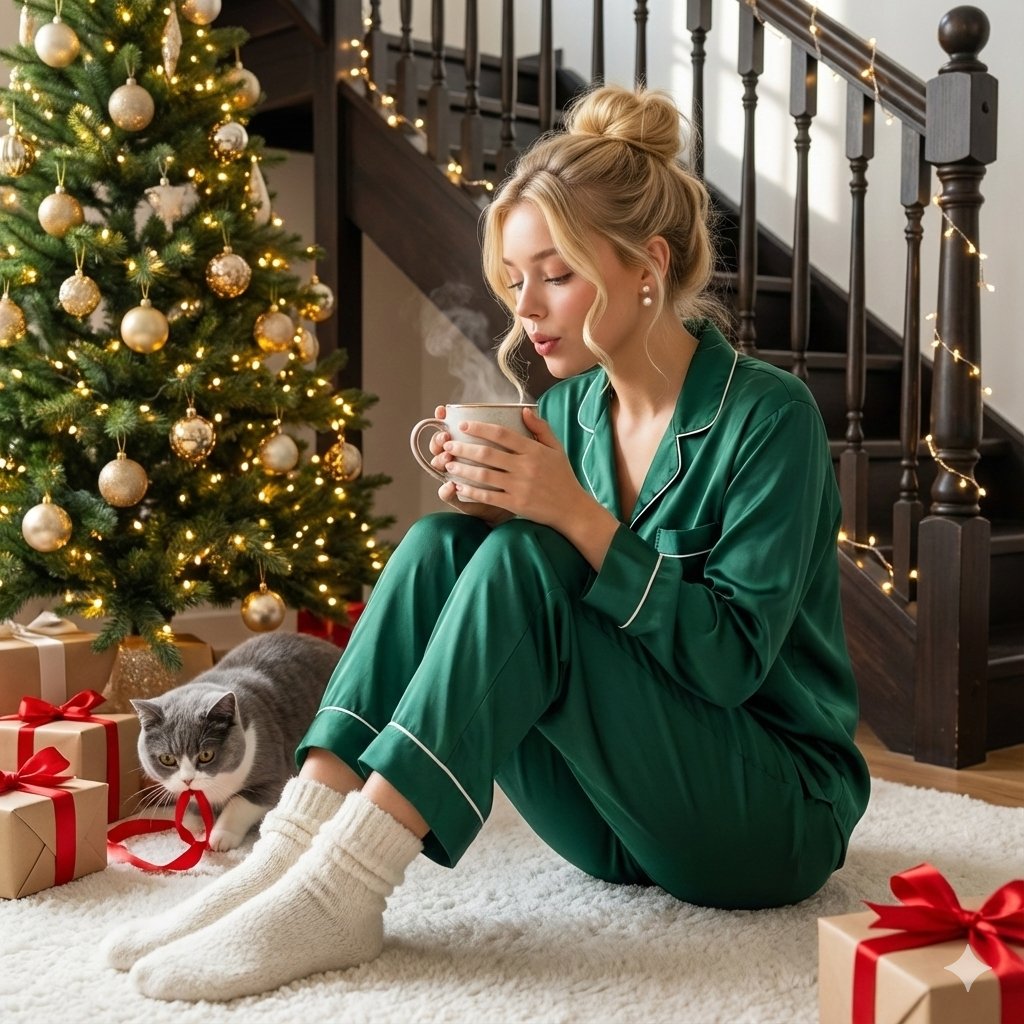 AI Prompt for Christmas Morning Photography with Cat - Social Media Post