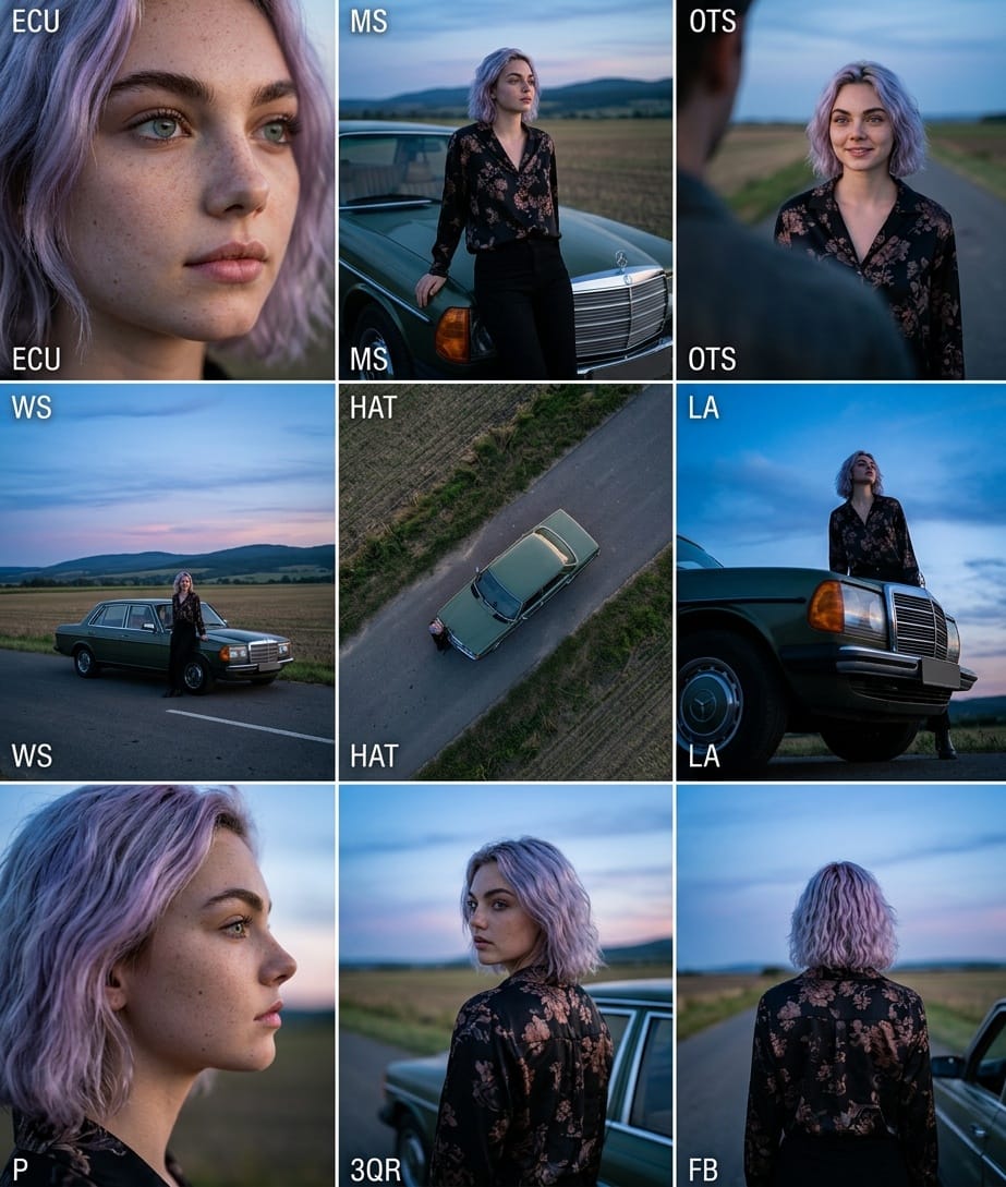 AI Prompt for Cinematic 3x3 Grid Photography of Female Character & Vehicle