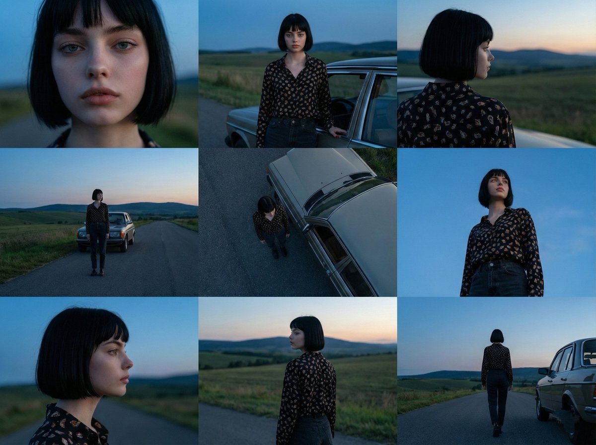 AI Prompt for Cinematic 3x3 Grid Photography of Female Model with Car