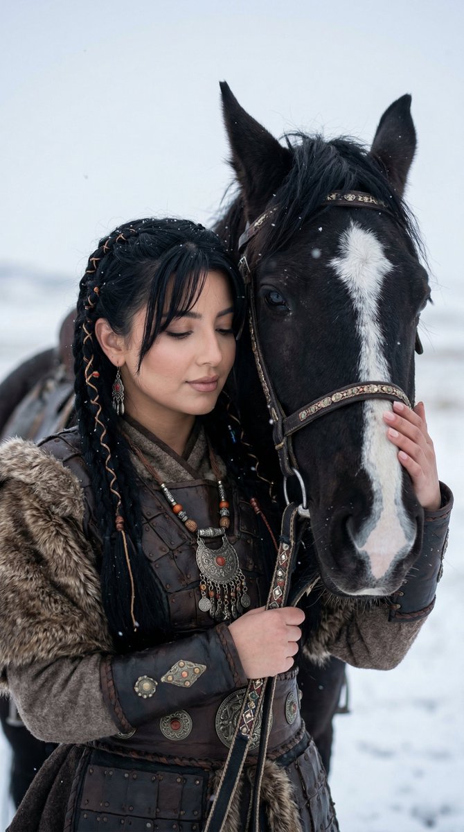 AI Prompt for Cinematic Ancient Turkic Woman and Horse Portrait in Snowy Landscape