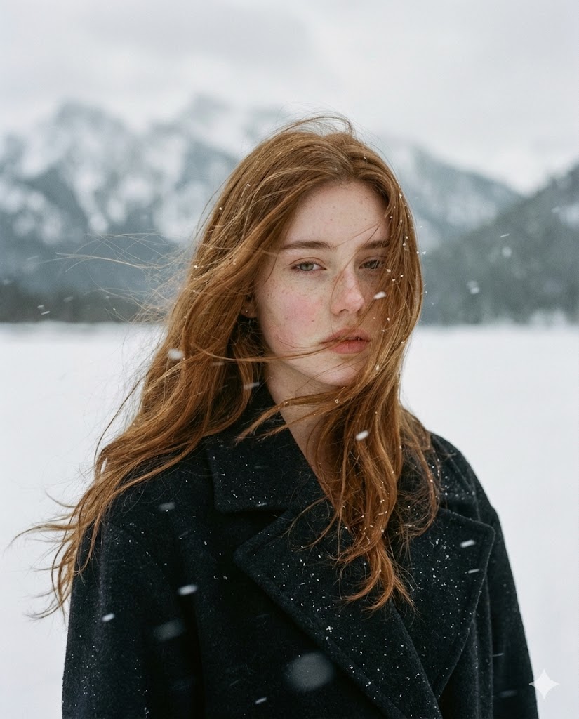 AI Prompt for Cinematic and Moody Portrait Photography in Snowy Landscapes