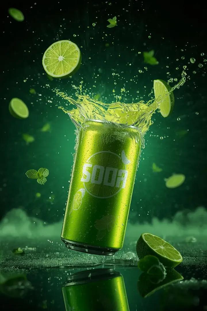 AI Prompt for Cinematic Beverage Advertising Creativity - Sparkling Lime Soda Can