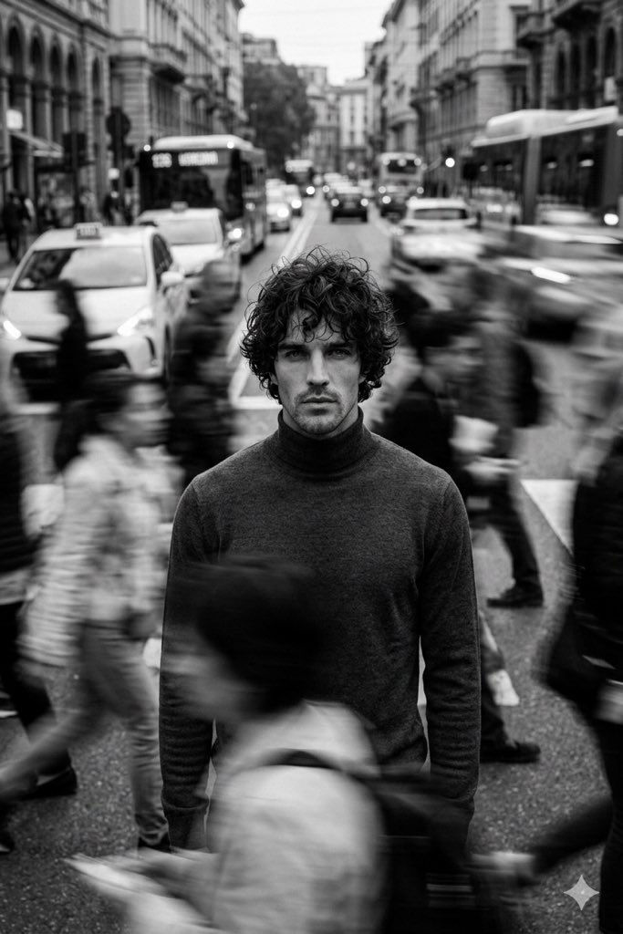 AI Prompt for Cinematic Black and White Portrait in a Bustling Urban Crowd