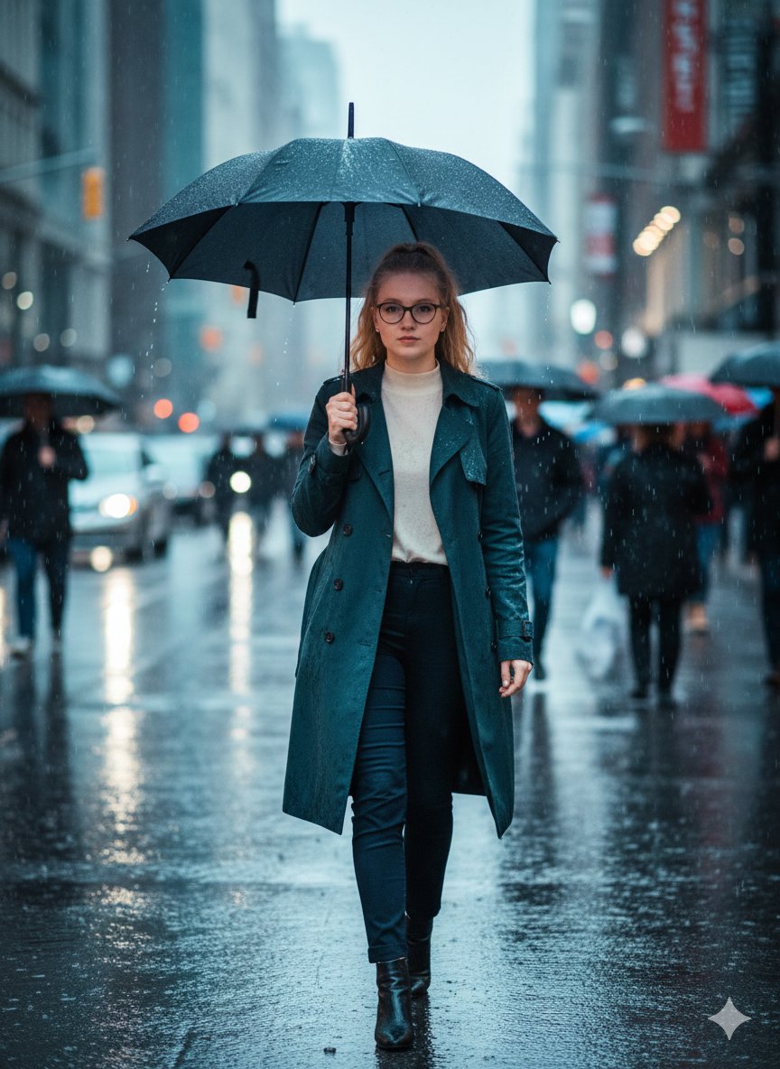 AI Prompt for Cinematic City Street Photo of Confident Girl in Rain