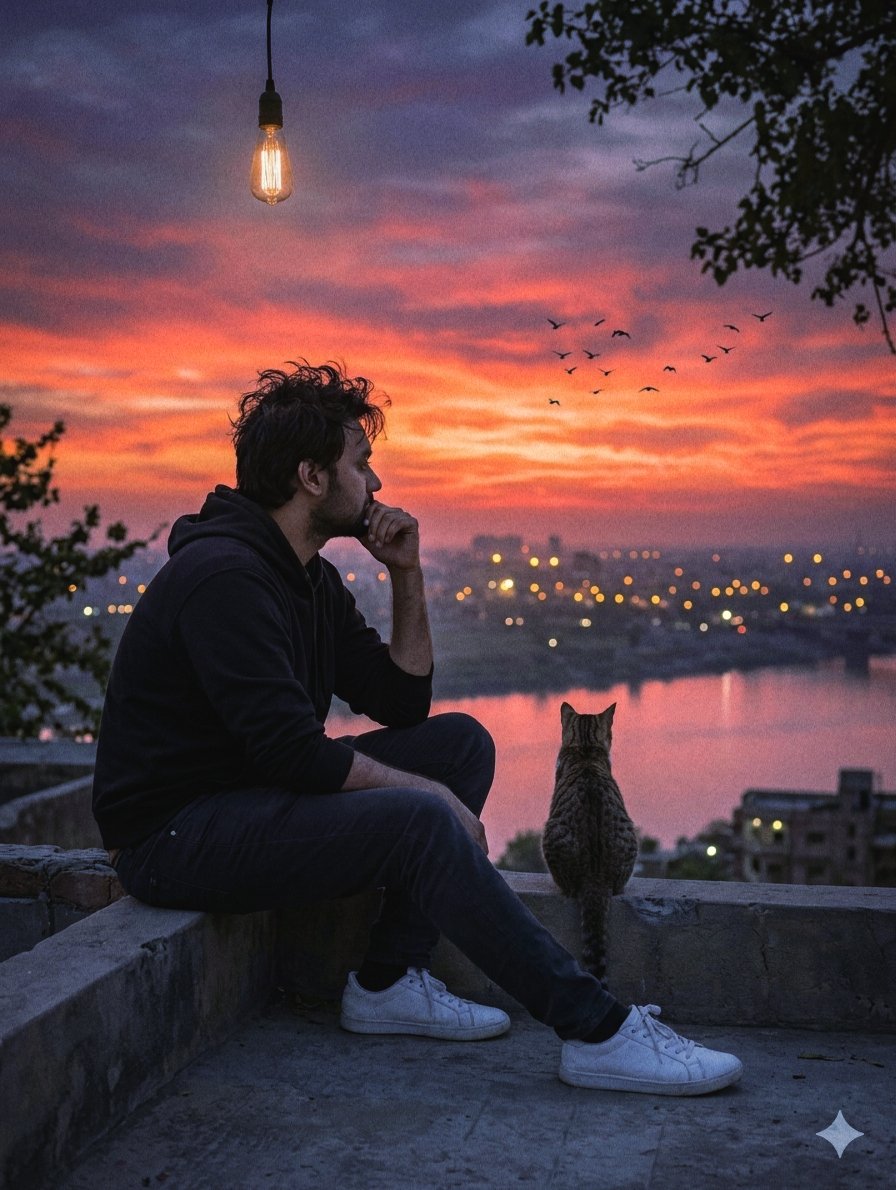 AI Prompt for Cinematic Cityscape Photography - Young Man with Cat on Rooftop