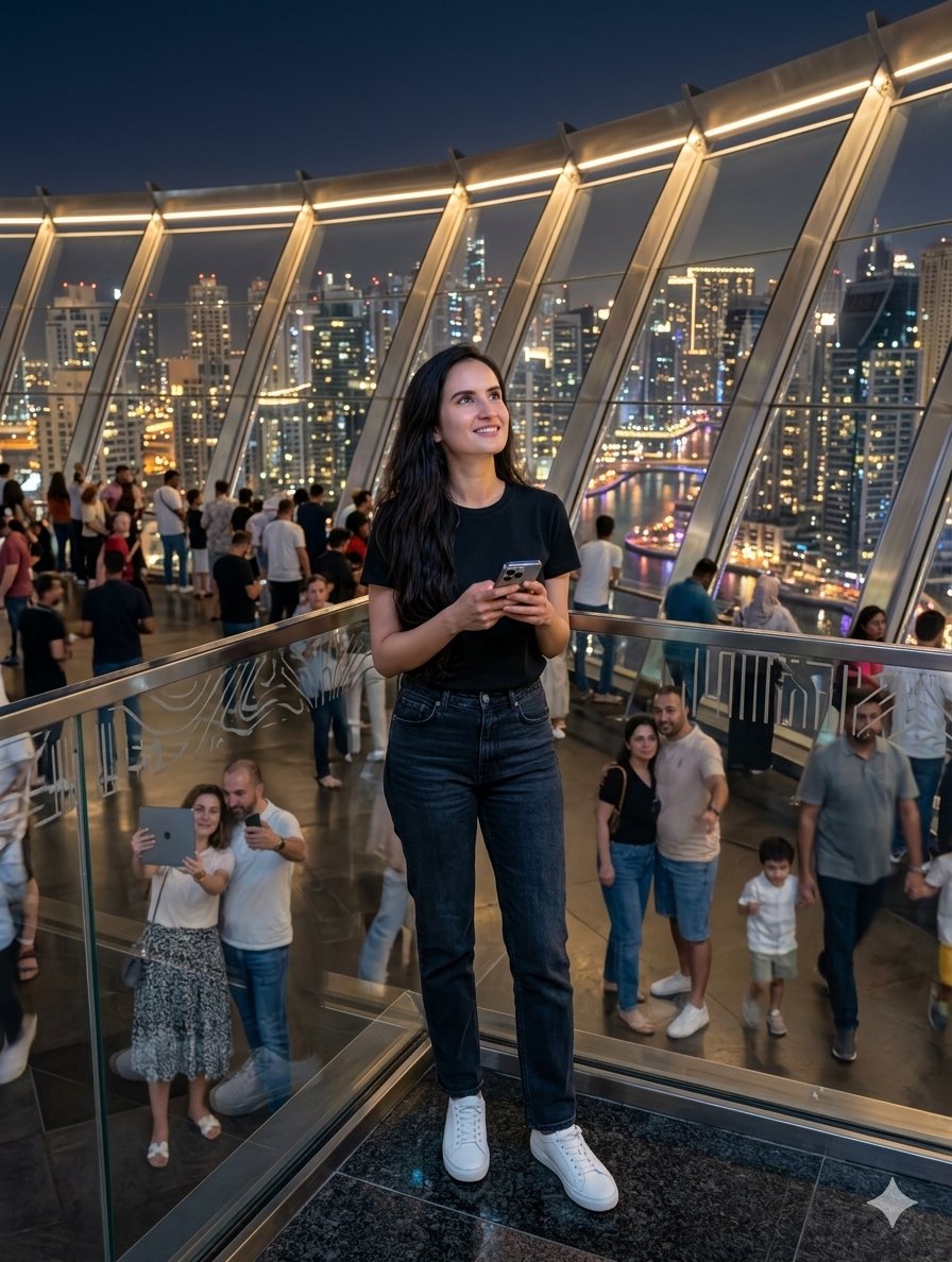AI Prompt for Cinematic Cityscape Portrait with Woman on Balcony