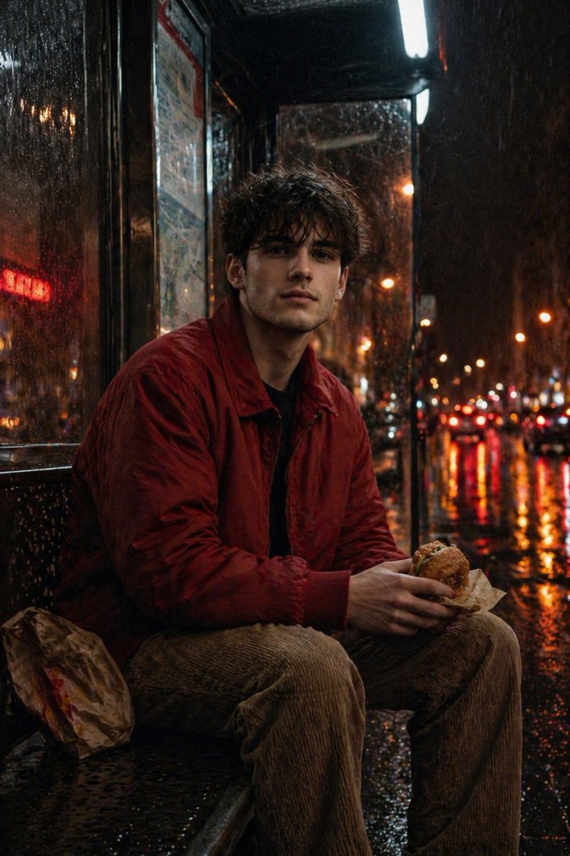 AI Prompt for Cinematic Cityscape with Neon Lights and Rainy Bus Stop
