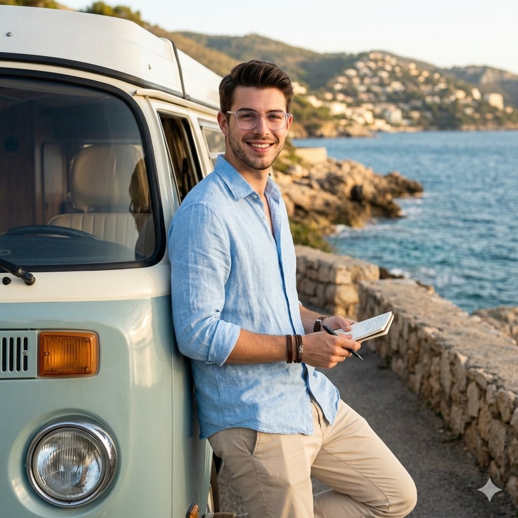 AI Prompt for Cinematic Coastal Lifestyle Portraits with Vintage Van