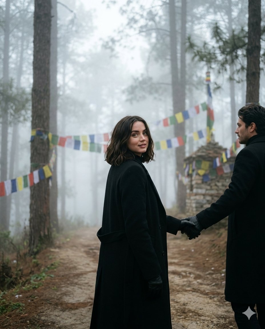 AI Prompt for Cinematic Couple Portrait in Foggy Himalayan Pine Forest