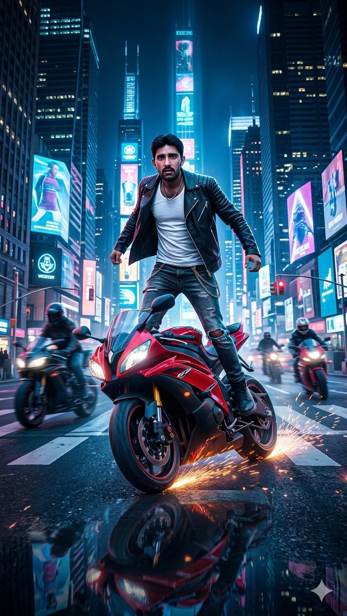 AI Prompt for Cinematic Cyberpunk Nighttime Cityscape Biker Stunt Scene