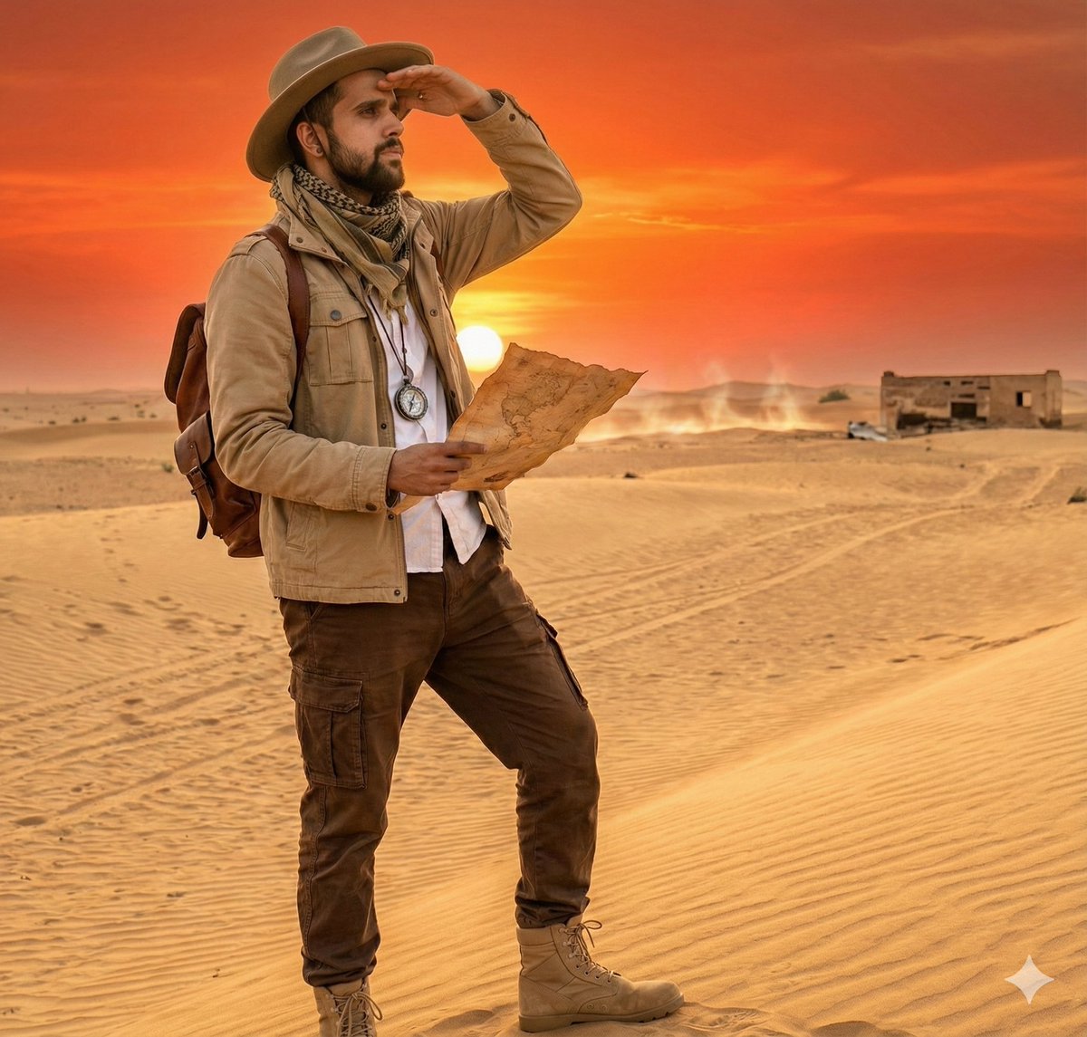 AI Prompt for Cinematic Desert Explorer Scene in Film-Style Photography