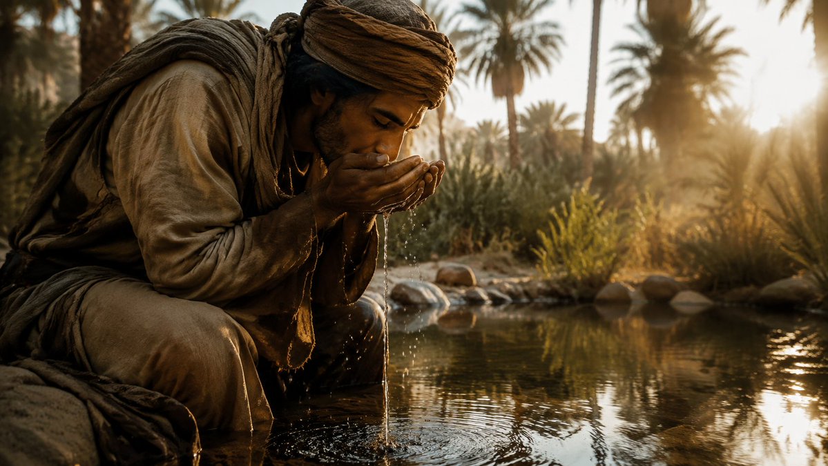AI Prompt for Cinematic Desert Oasis Scene with Traveler