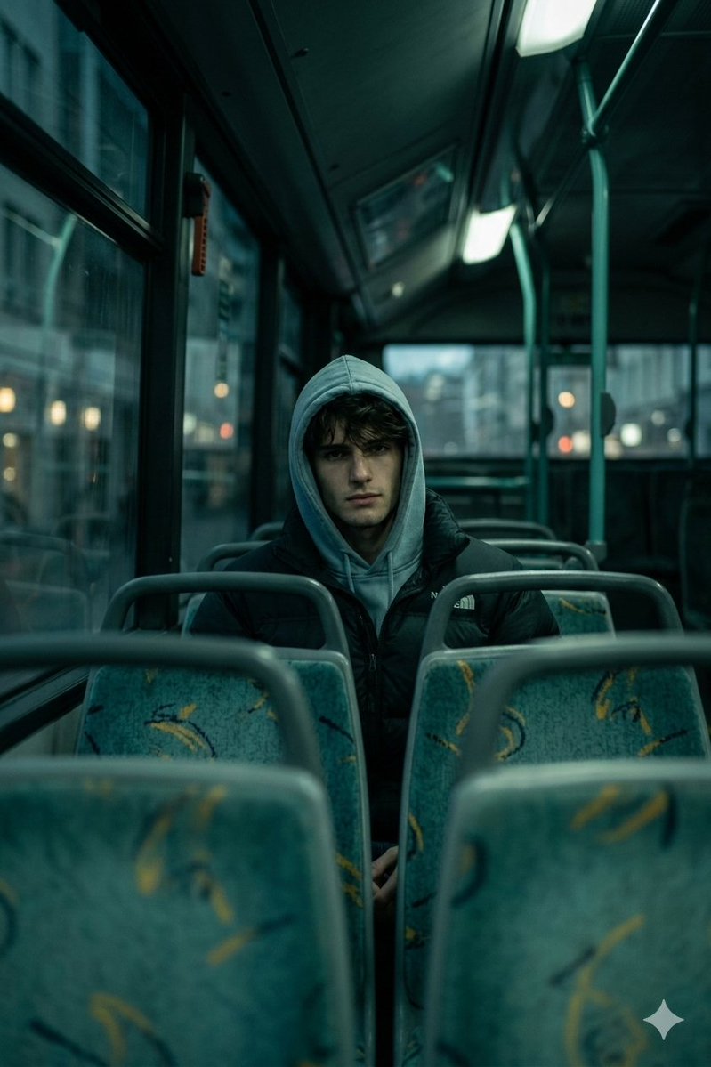 AI Prompt for Cinematic Dimly Lit Bus Portrait Photography
