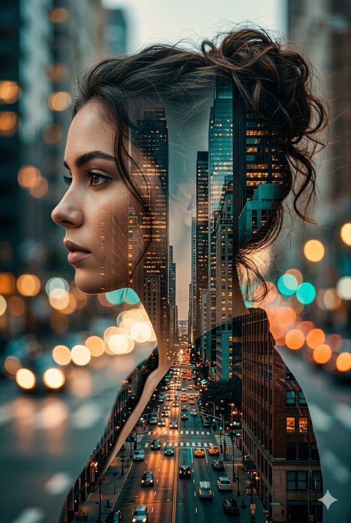 AI Prompt for Cinematic Double Exposure Portrait with Cityscape