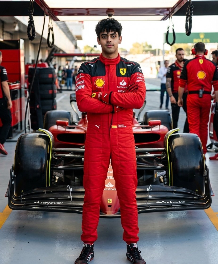 AI Prompt for Cinematic F1 Racing Portraits in Red Ferrari Suit