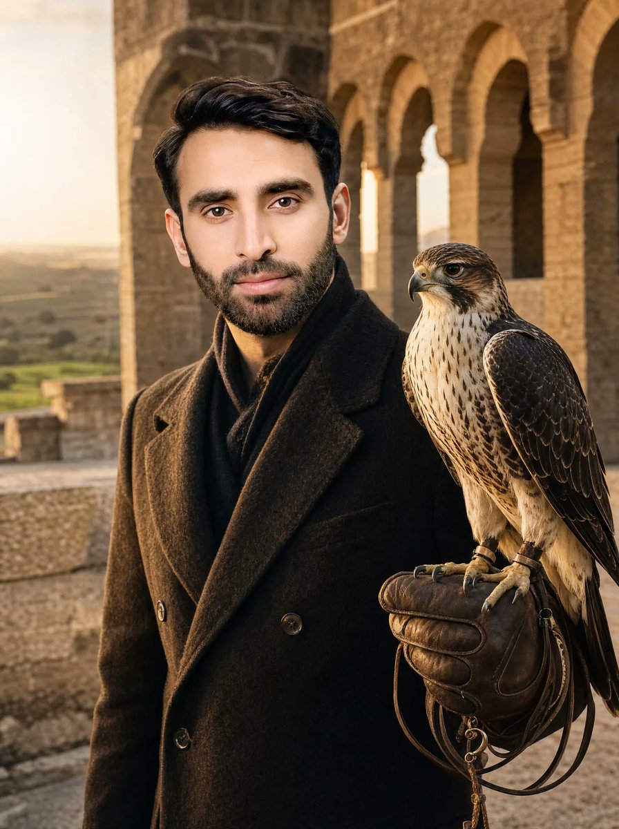 AI Prompt for Cinematic Falconer Portrait with Beautiful Architecture