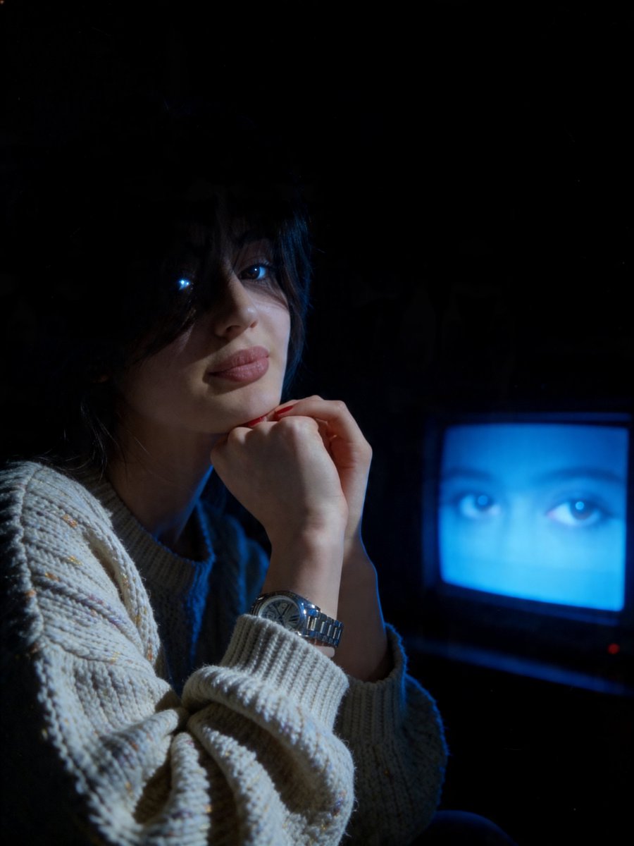 AI Prompt for Cinematic Female Portrait in Dark Environment with TV Light