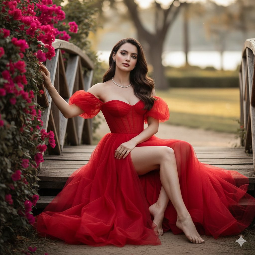 AI Prompt for Cinematic Fine-Art Portrait Photography of Ana de Armas in Red Gala Dress
