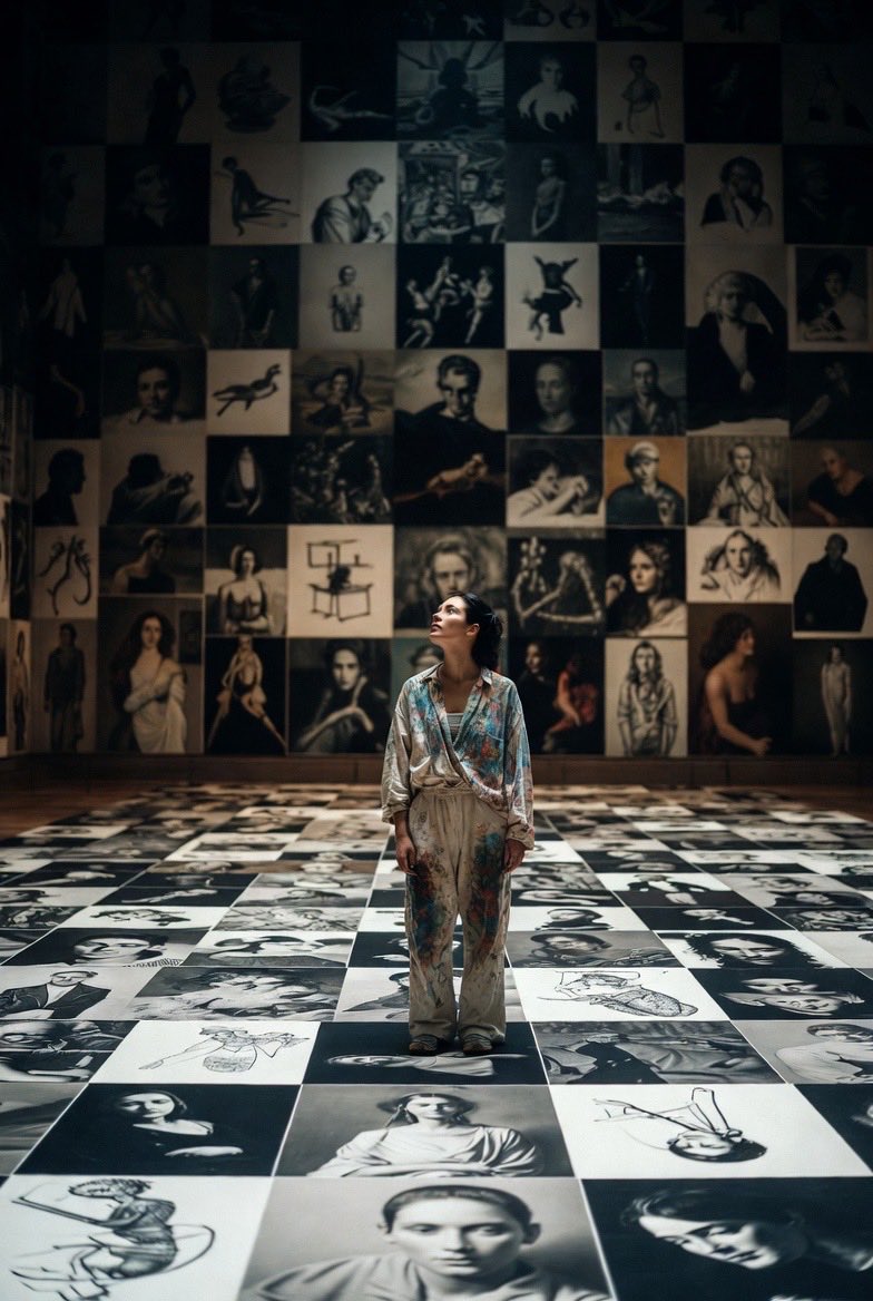 AI Prompt for Cinematic Gallery Scene with Mosaic Floor