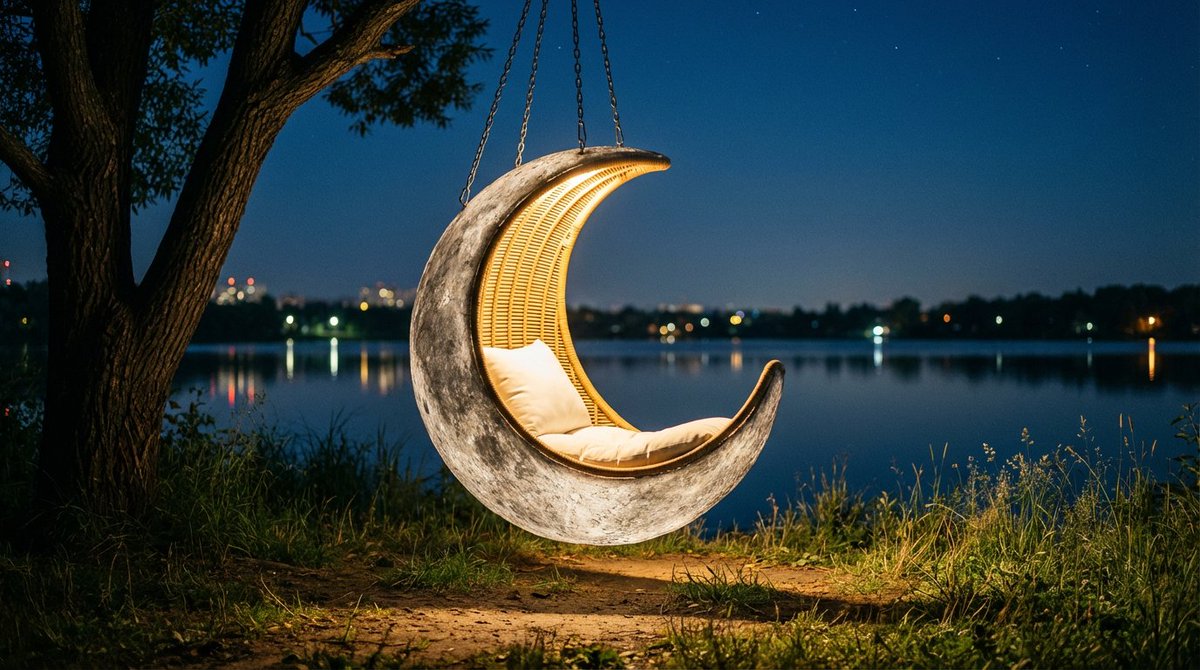 AI Prompt for Cinematic Lakeside Hanging Chair Concept with Space Object Theme