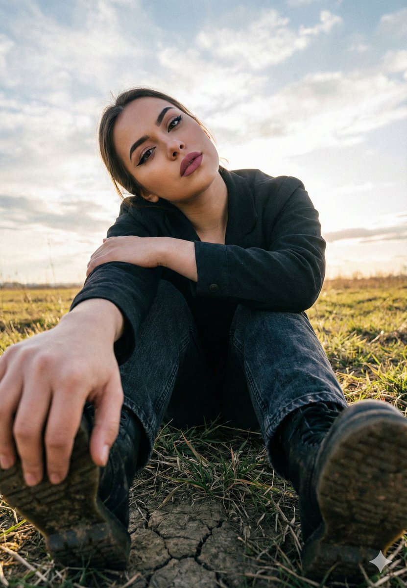 AI Prompt for Cinematic Low Angle Portrait with Golden Hour Lighting