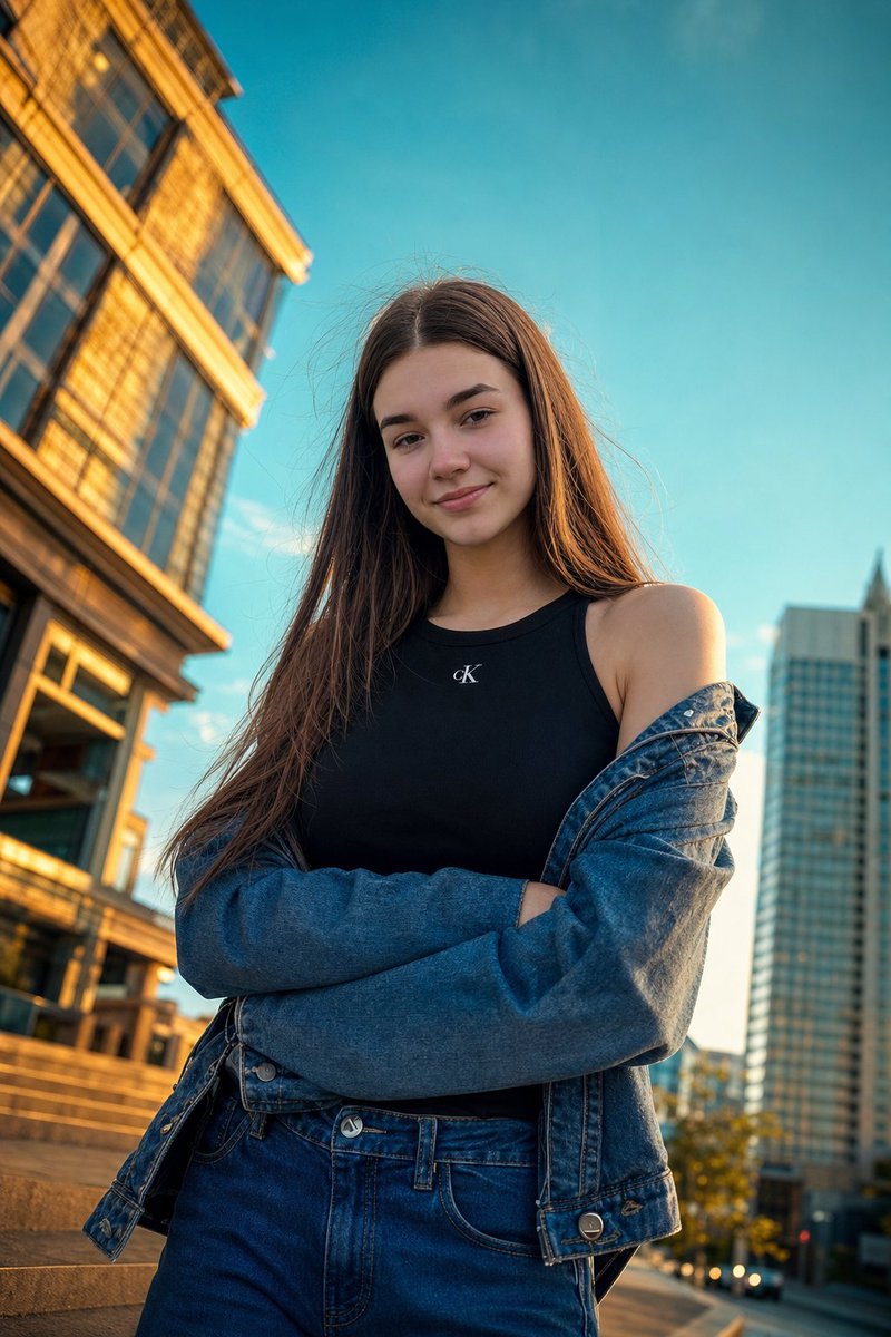 AI Prompt for Cinematic Low-Angle Urban Portrait