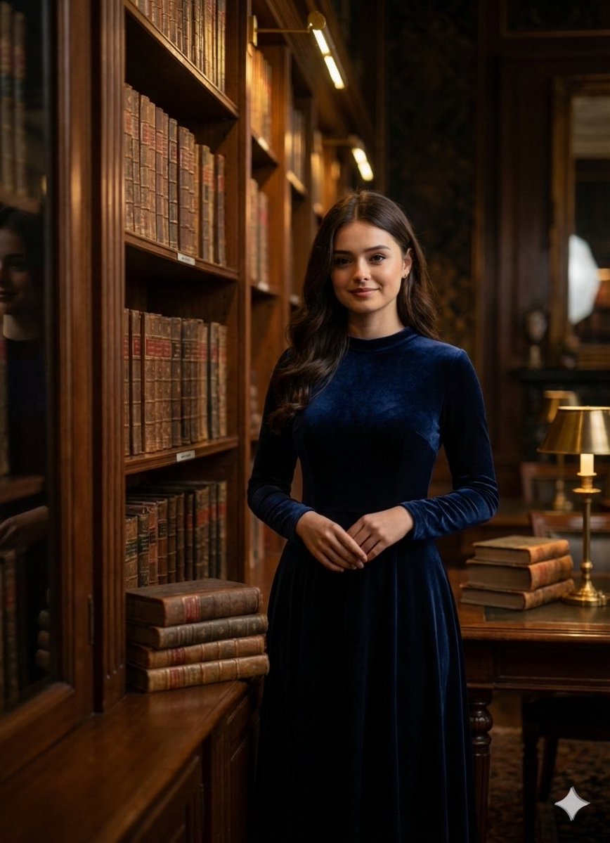 AI Prompt for Cinematic Luxury Portrait of Woman in Dimly Lit Library