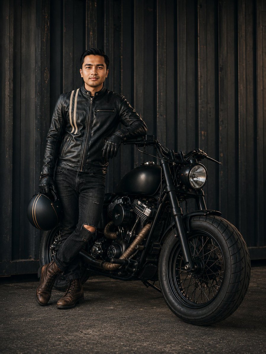 AI Prompt for Cinematic Male Rider Portrait with Urban Industrial Aesthetics