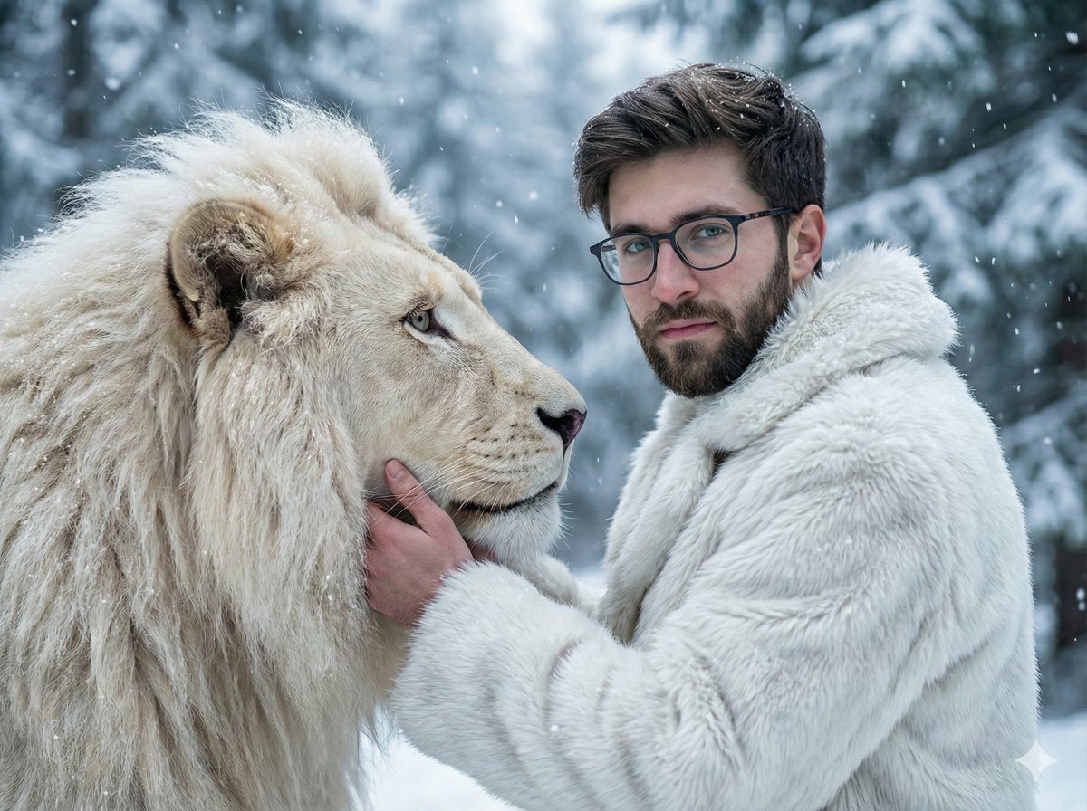 AI Prompt for Cinematic Man and White Lion in Snowy Forest