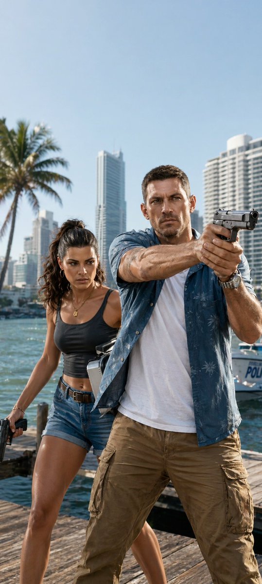 AI Prompt for Cinematic Miami Dock Action Scene with Protagonists