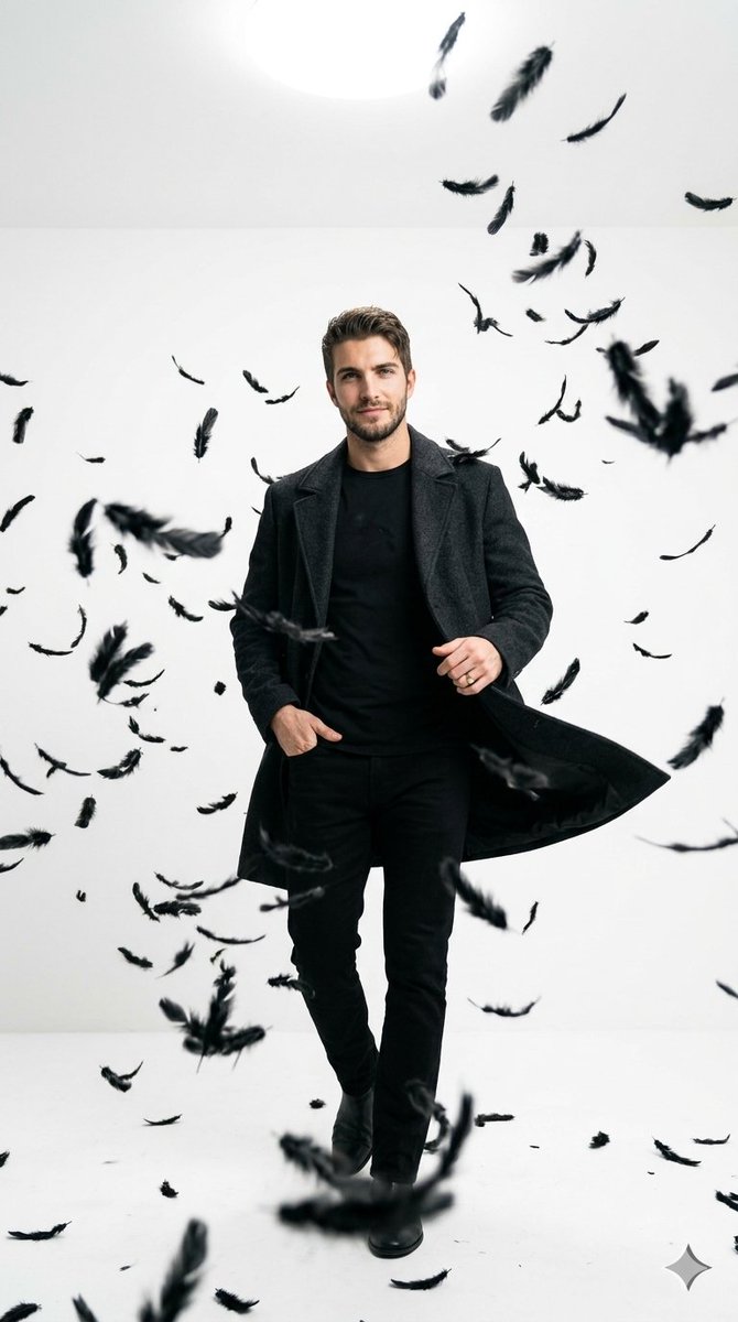 AI Prompt for Cinematic Monochromatic Portrait with Floating Feathers