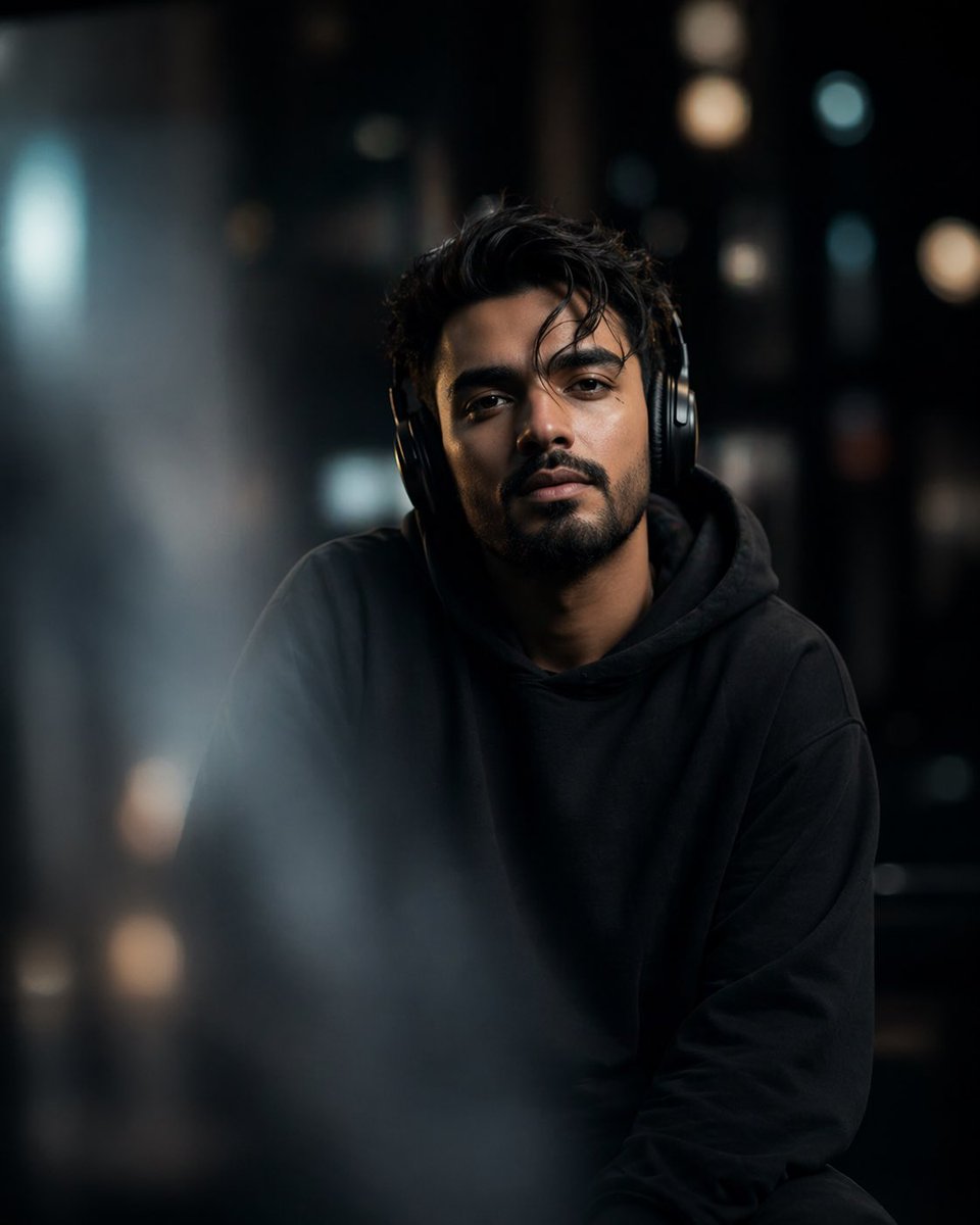 AI Prompt for Cinematic Moody Portrait with Beard and Headphones