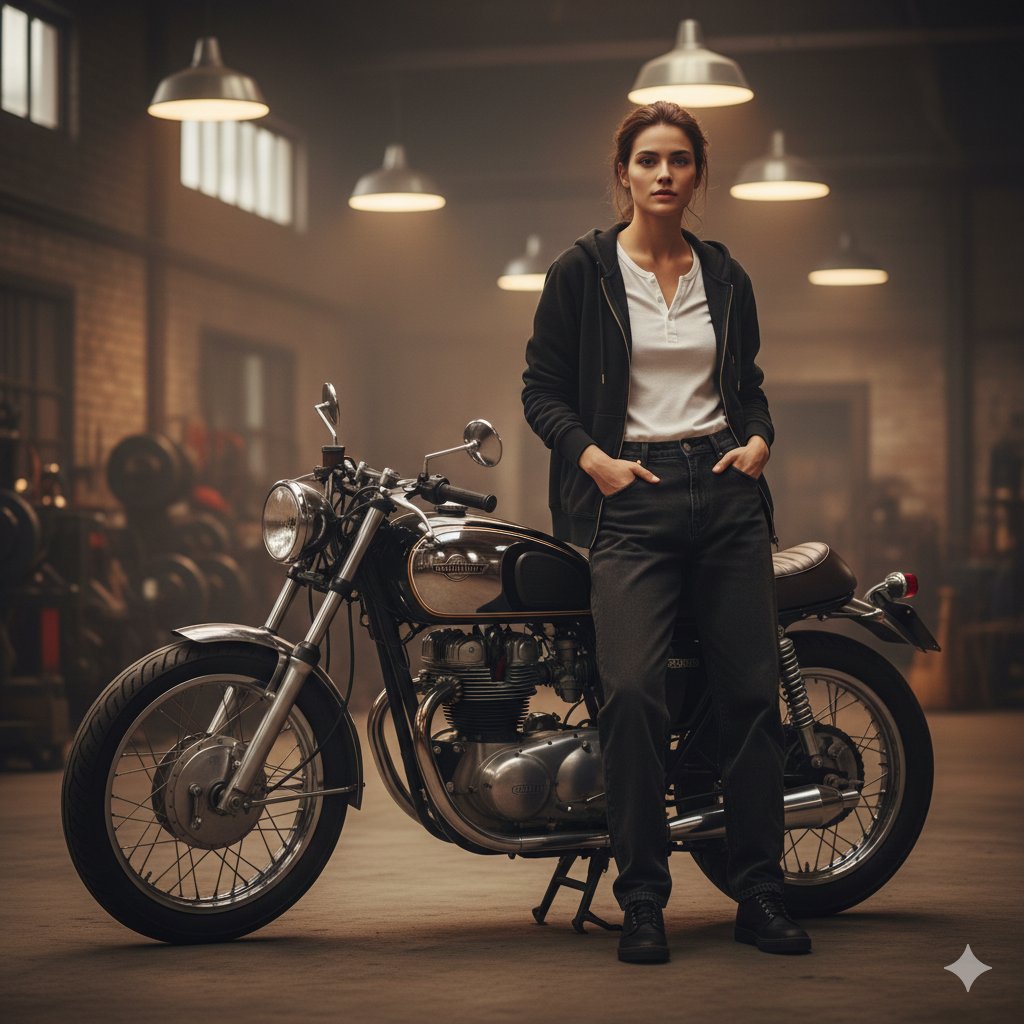 AI Prompt for Cinematic Motorcycle Photography - Woman on Cafe Racer